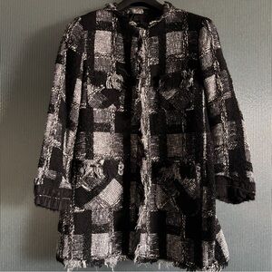 Zara Bouclé Plaid Cardigan Blazer Chanel-esque Fringe Trim Chain Detail Size M